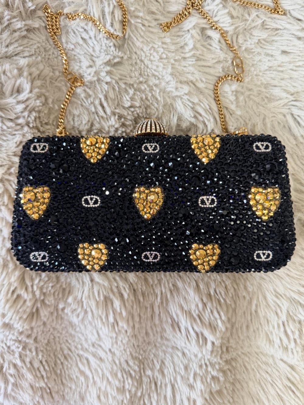 Valentino Black and Gold Crystal Heart Evening Clutch with Chain - Picture 2 of 16